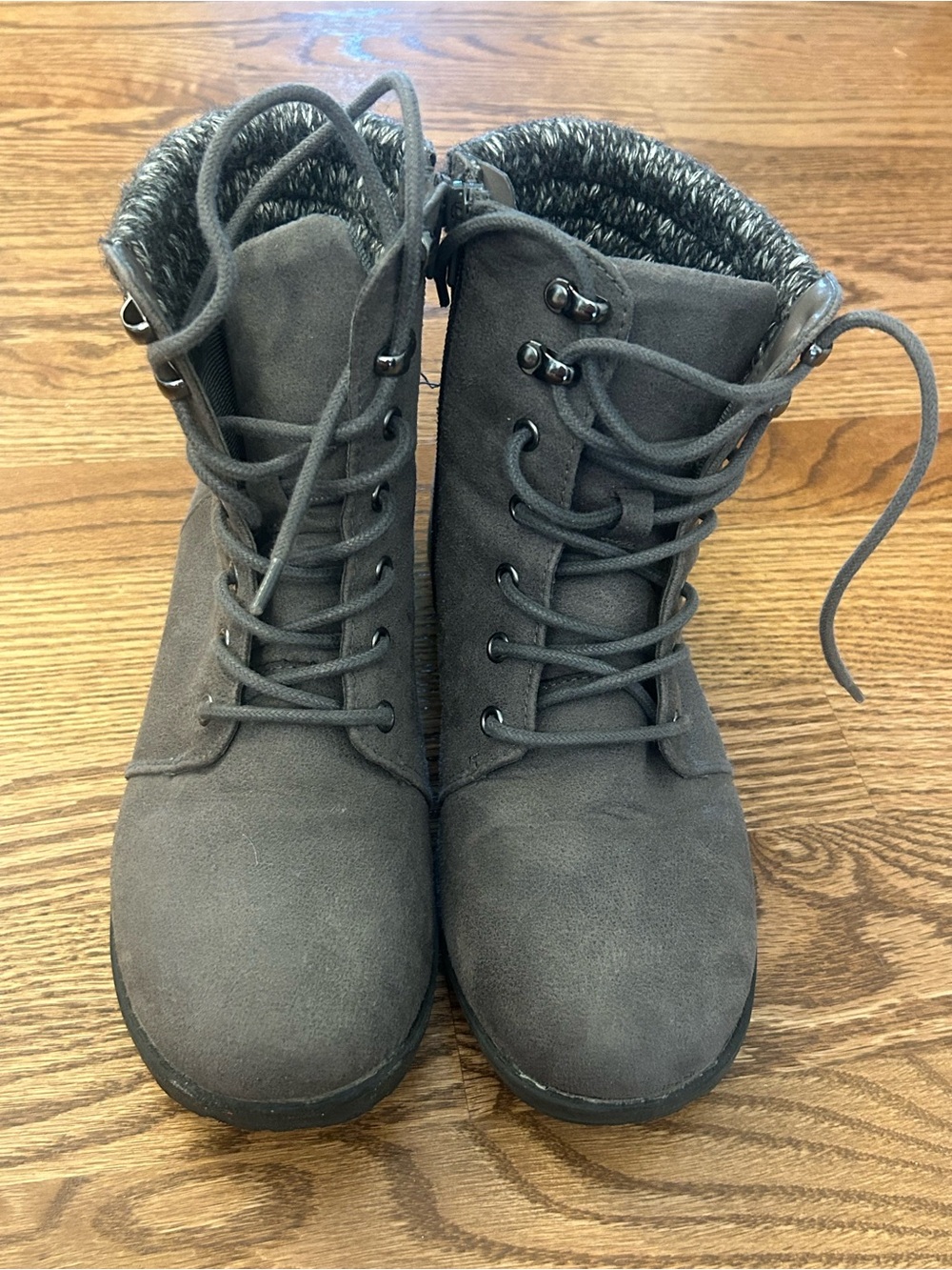 Falls Creek Gray Lace-Up Knit Collar Boots
